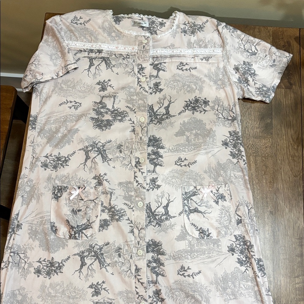 Joan Vass Flower Print Pajamas Nightgown pink & gray Sparkle Buttons 3X